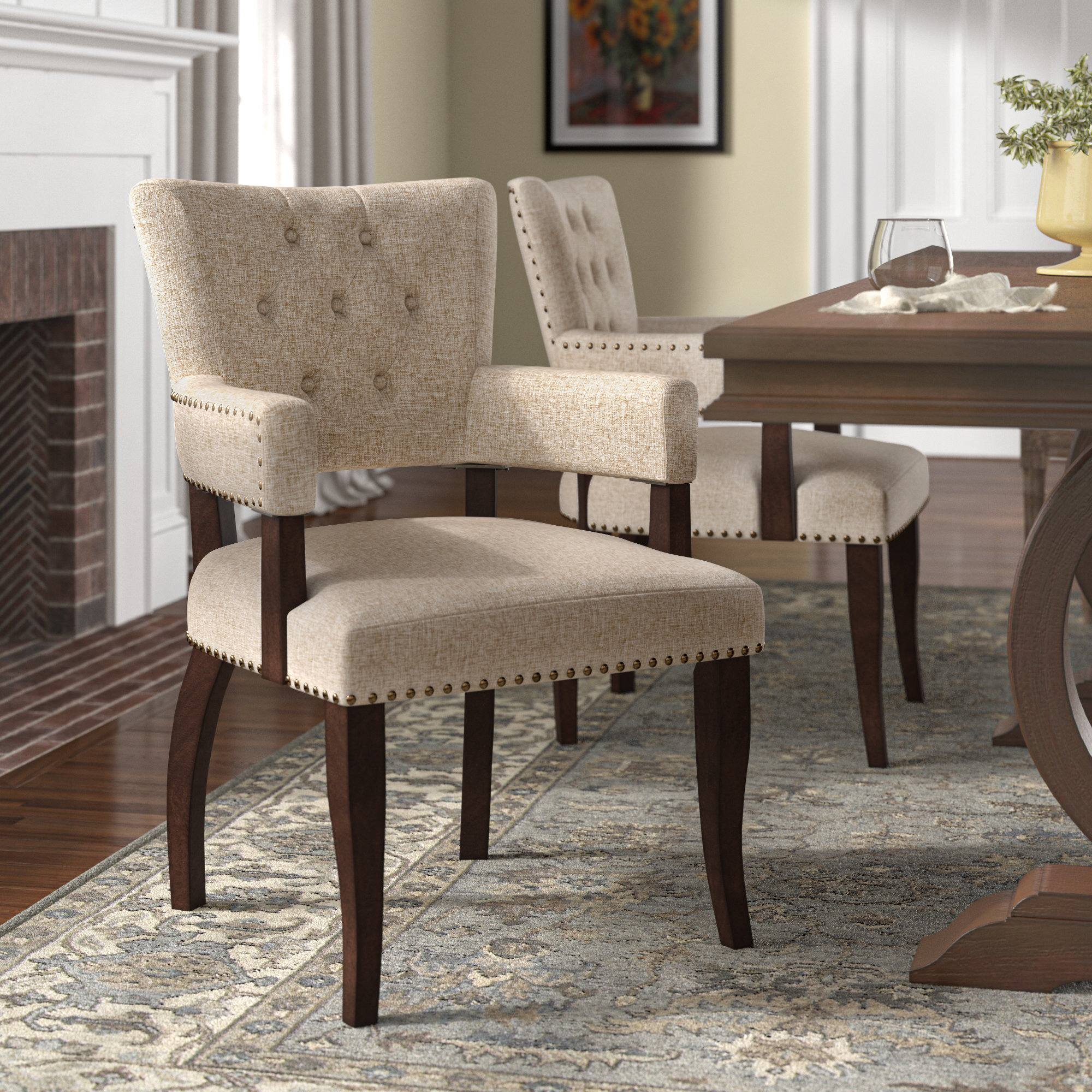 Rosalind Wheeler Asterio Button Tufted Dining Arm Chair in Cream Reviews Wayfair